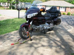 Honda Goldwing on motorcycle stand (front)